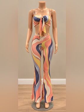 Sherbert Lemons Swirl Multiway Wrap Cut Out Flare Pant Set Small Y2K